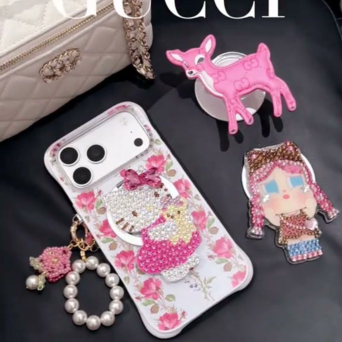 Pink Crystal Kitty Floral iPhone Case