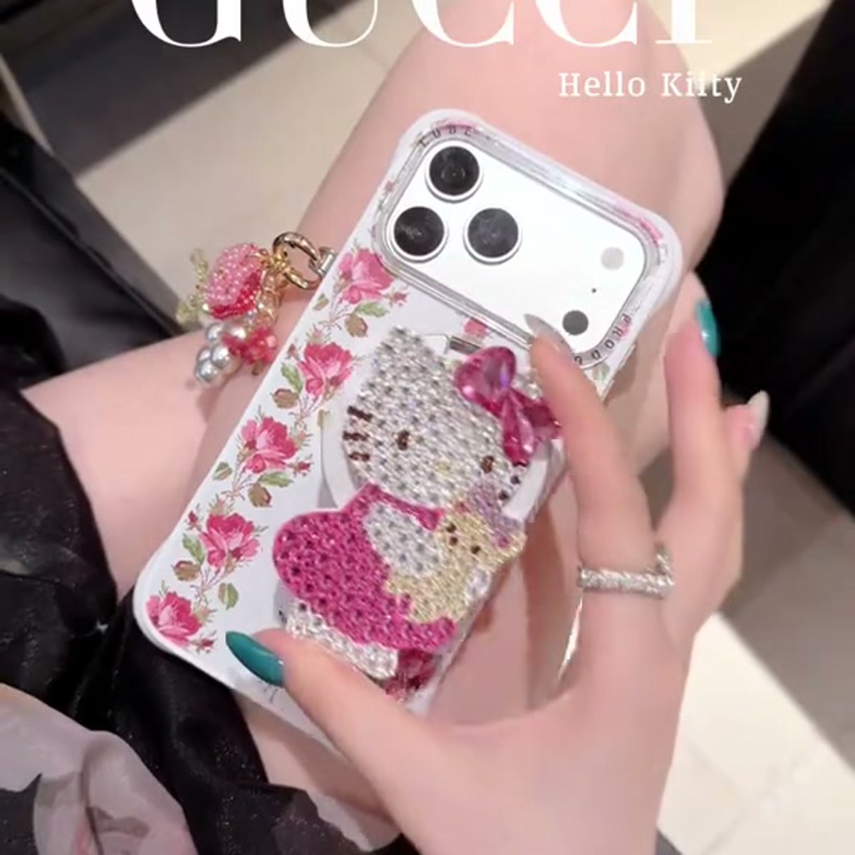 Pink Crystal Kitty Floral iPhone Case