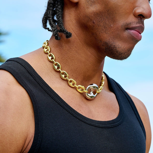 Two Tone Large Link Puffed Mariner Chain in Yellow & White Gold - 15mm