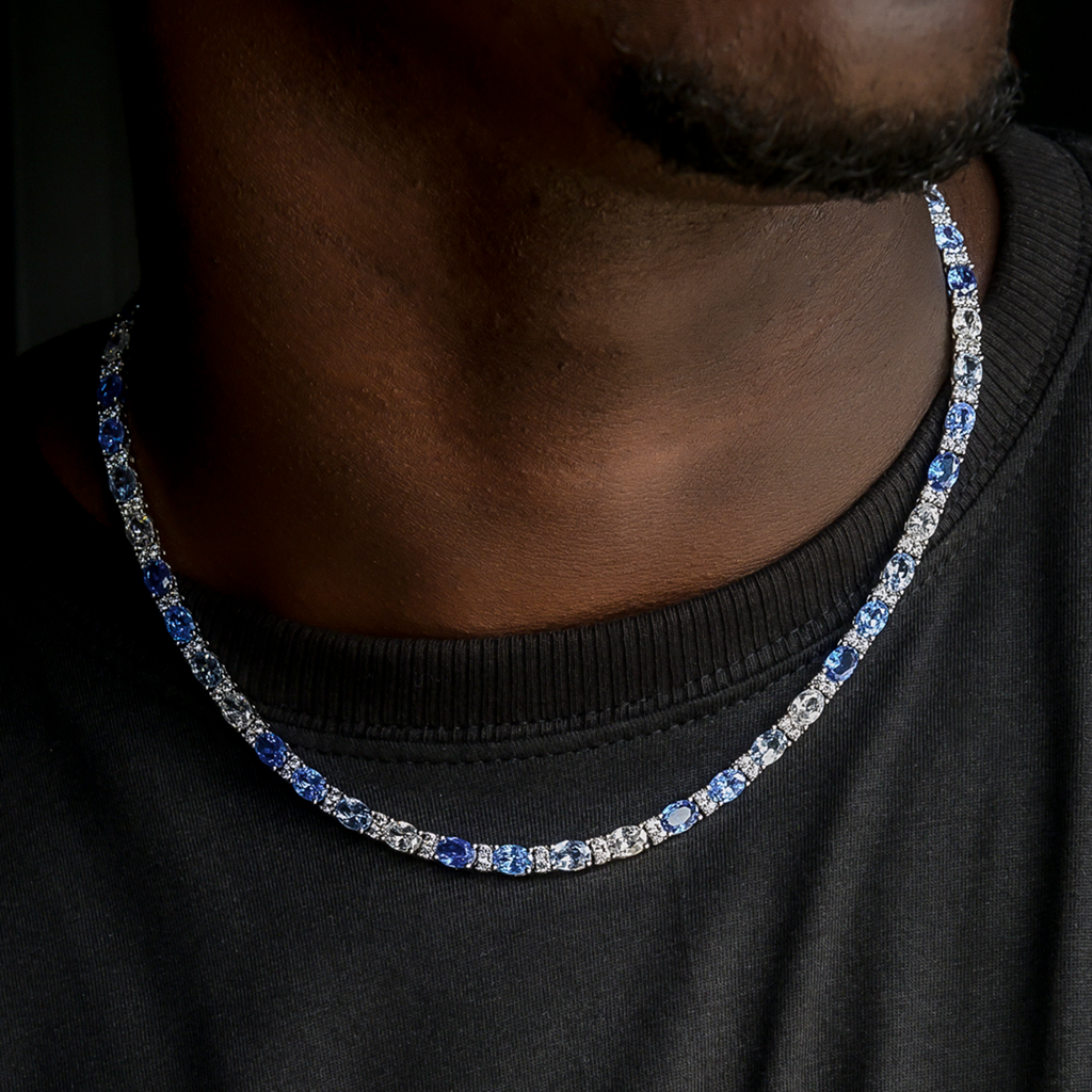 Blue Mixed Oval Cut Tennis Chain in White Gold - 5mm