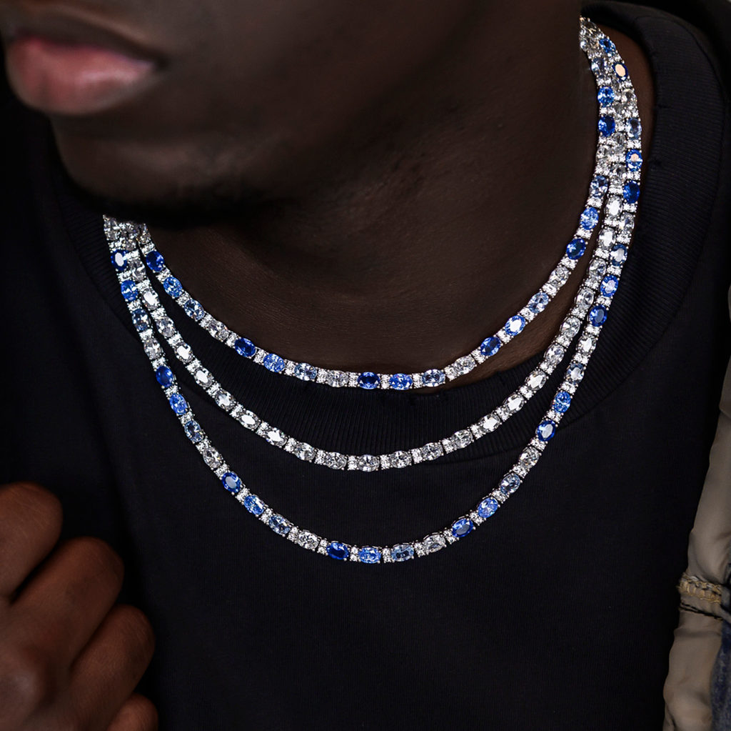 Blue Mixed Oval Cut Tennis Chain in White Gold - 5mm