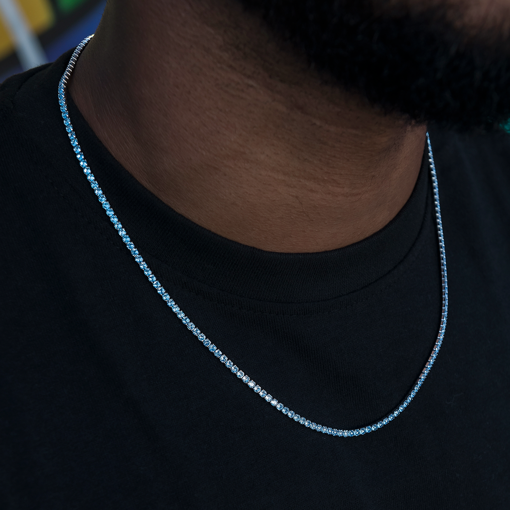 Blue Topaz Diamond Micro Tennis Chain in White Gold