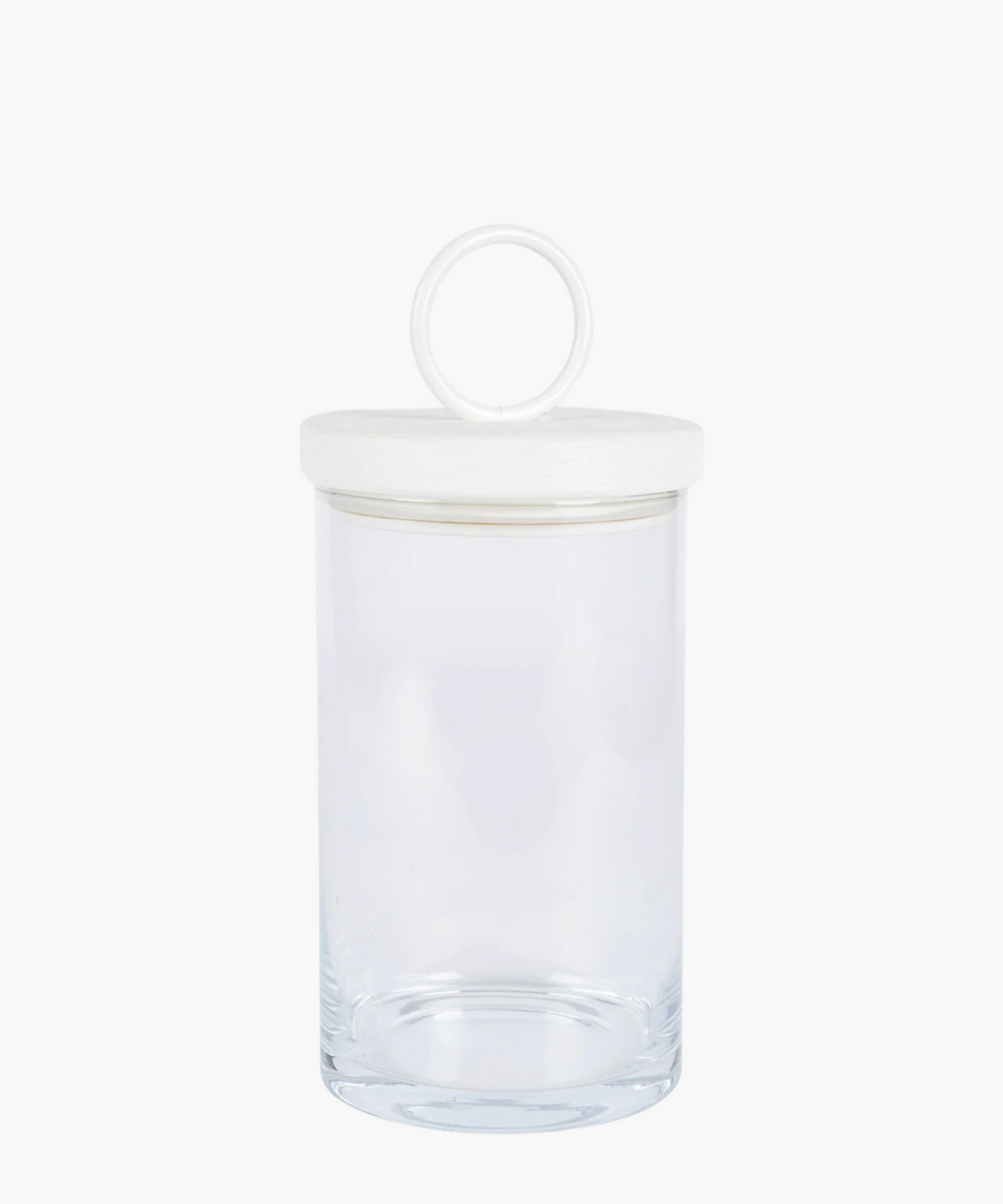 Clear glass jar with a round, white iron and reclaimed wood lid featuring a loop handle. The jar is empty, showcasing its clean and minimalist design. | Wildwood Home Co.