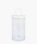Clear glass jar with a round, white iron and reclaimed wood lid featuring a loop handle. The jar is empty, showcasing its clean and minimalist design. | Wildwood Home Co.