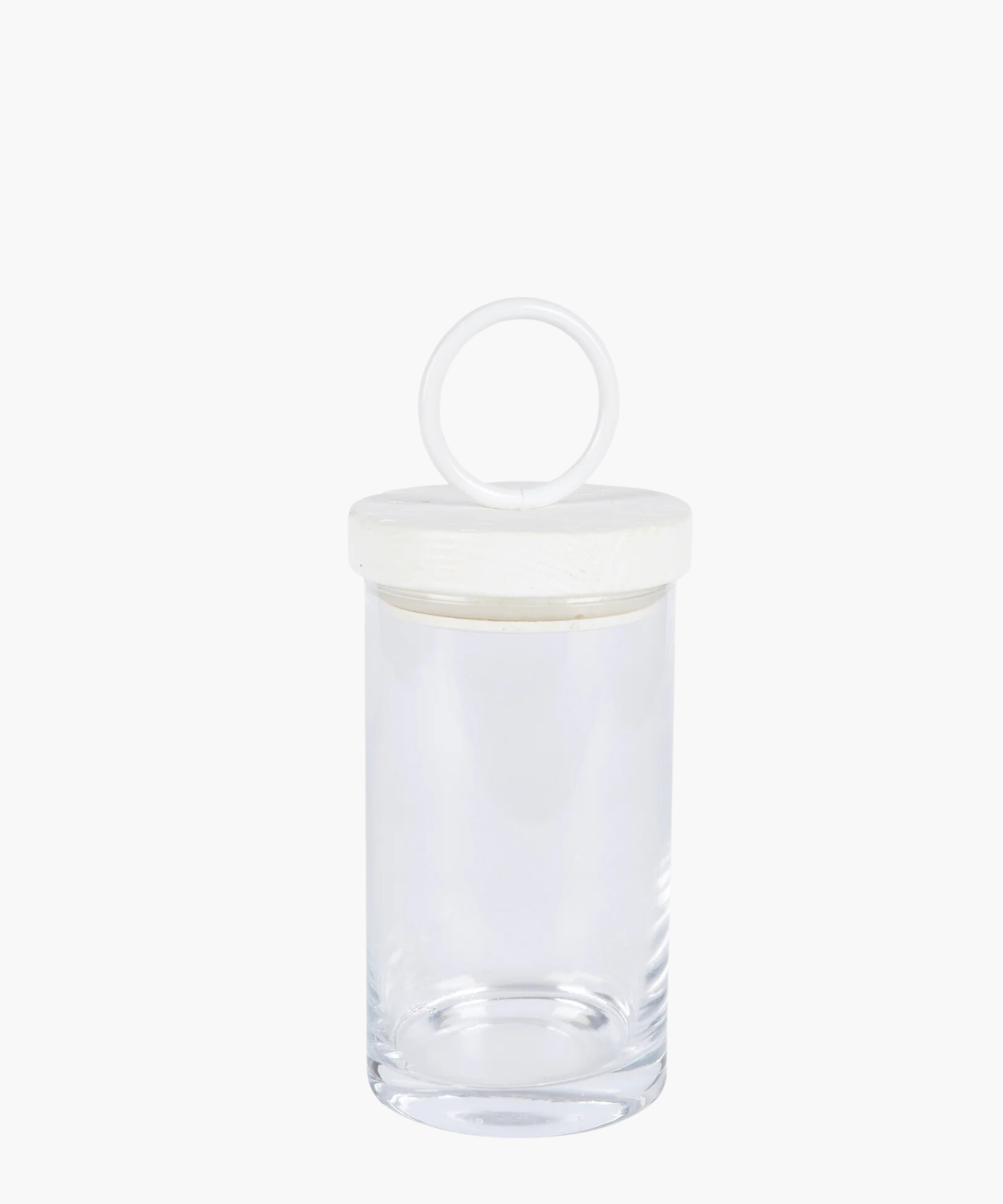 Clear glass jar with a round, white iron and reclaimed wood lid featuring a loop handle. The jar is empty, showcasing its clean and minimalist design. | Wildwood Home Co.