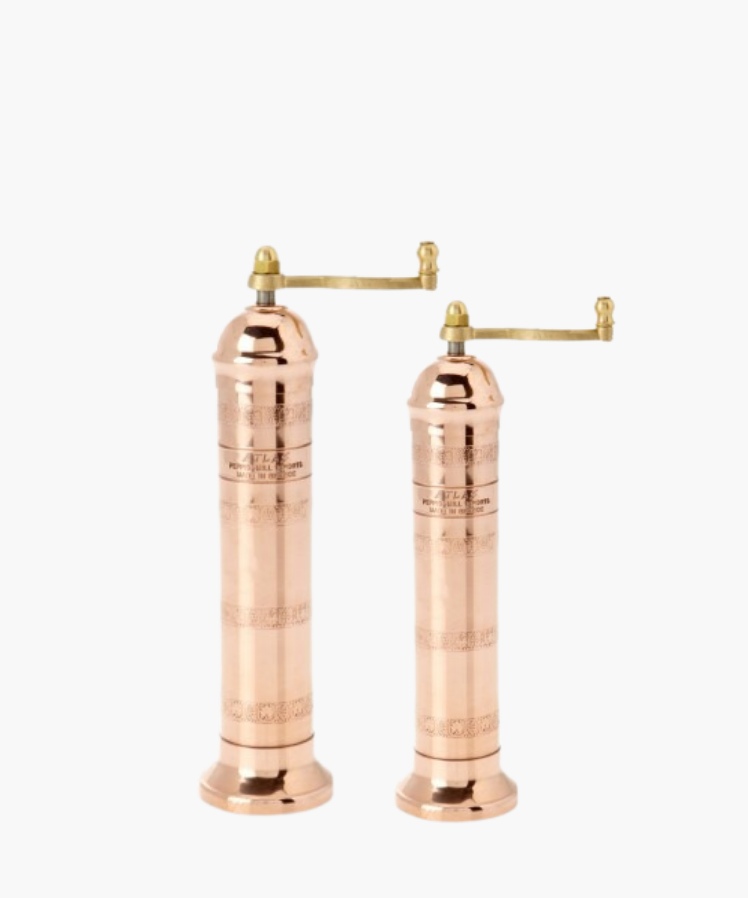 Copper manual pepper mill and  copper salt mill with a brass handle, featuring an ornate design. The elegant, vintage style evokes a sense of classic craftsmanship. | Wildwood Home Co.  | Wildwood Home Co.