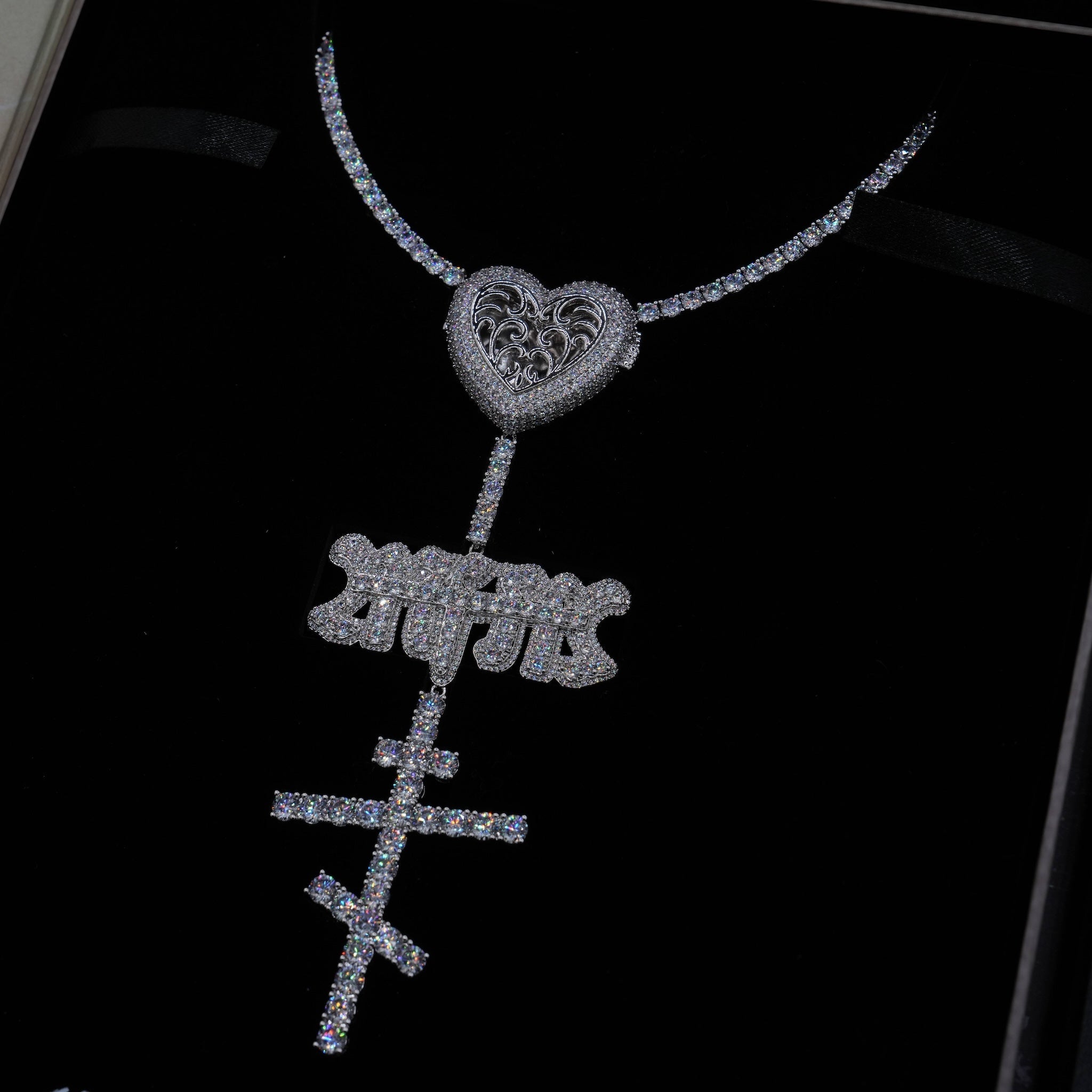 GLD X Bloody Osiris Iced Locket Rosary Chain in White Gold