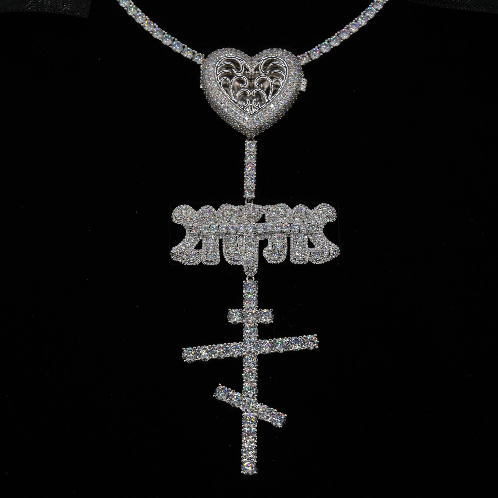 GLD X Bloody Osiris Moissanite Locket Rosary Chain in White Gold Vermeil