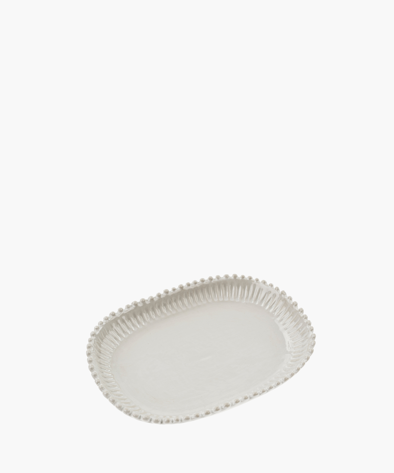 A white rectangular plate with an embossed bead pattern along the edge. The elegant design conveys a classic and sophisticated tone. | SW Home