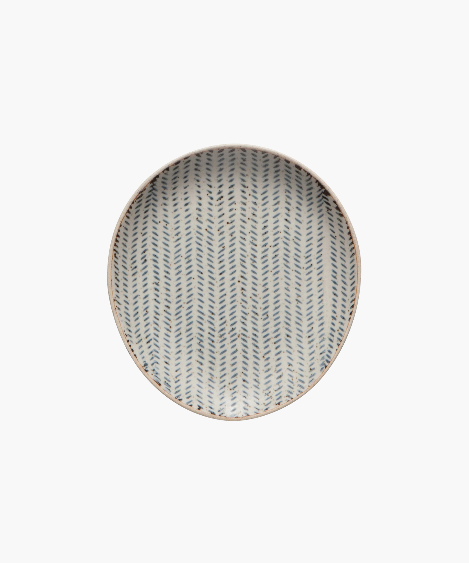Round ceramic spoon rest with a diagonal blue herringbone pattern on a white background. The design is symmetrical, creating an elegant, minimalist look. | Wildwood Home Co.

