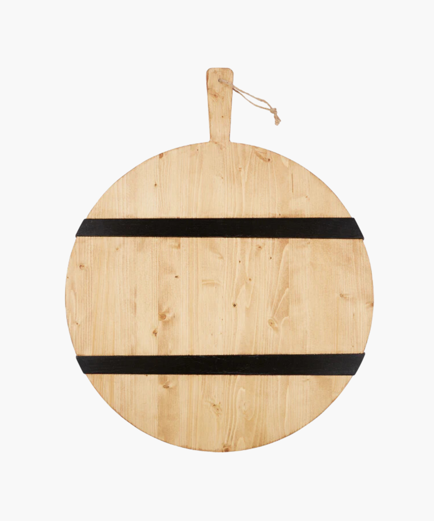 A round wooden cutting board with a handle and rope for hanging. It has two black horizontal stripes across its natural wood grain surface. | SW Home