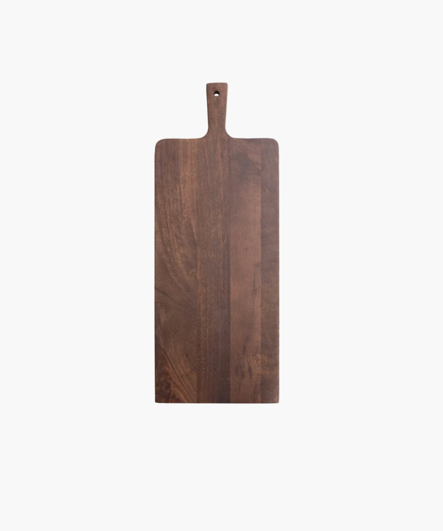 Rectangular wooden cutting board with a rich, dark brown finish. It has a smooth surface and a handle with a hole at the top for hanging. | Wildwood Home Co.