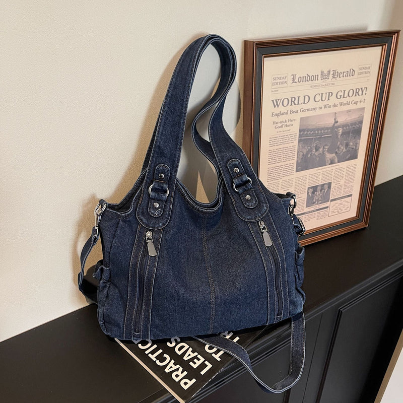 Retro Denim Messenger Bag Large Capacity Commuting Tote