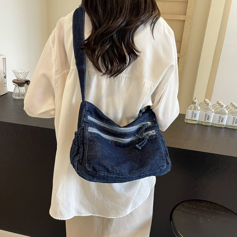Plaid Denim Shoulder Bag for Women Spring Summer Large-Capacity Messenger Bag
