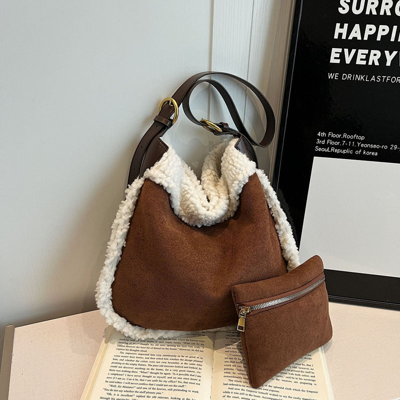 Vintage Wind Matte Deerskin Fleece Fluffy Bucket Bag Commuter Large Capacity Shoulder Bag Niche Lazy Messenger Bag