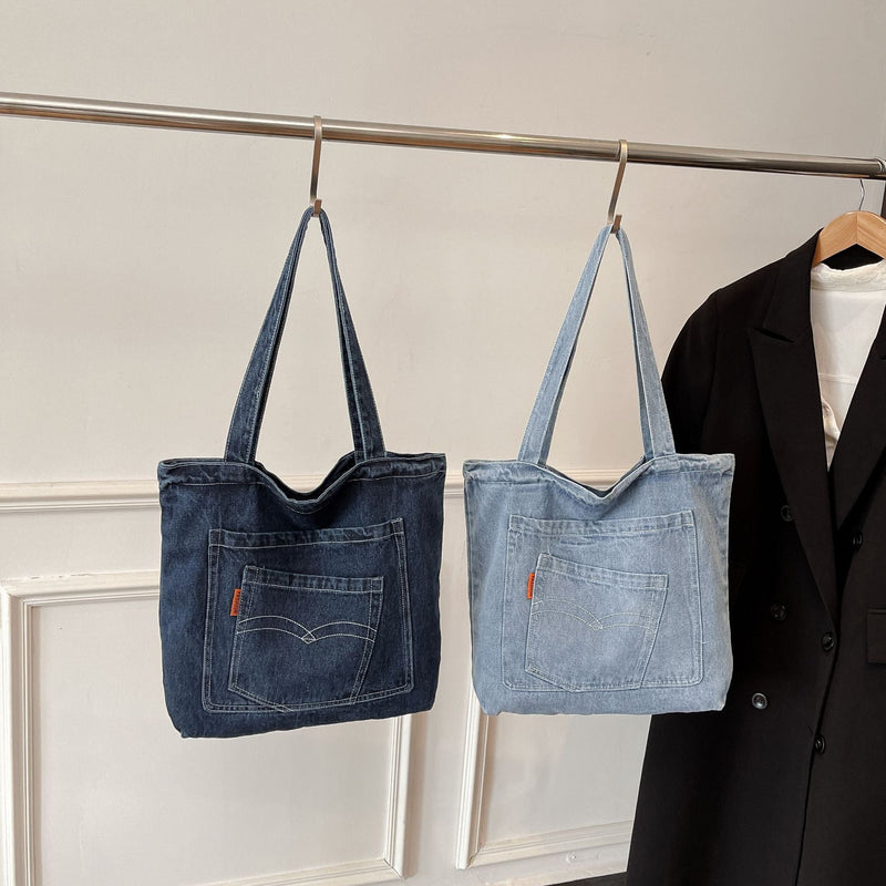 Denim Commuter Shoulder Bag Large Capacity Simple Style