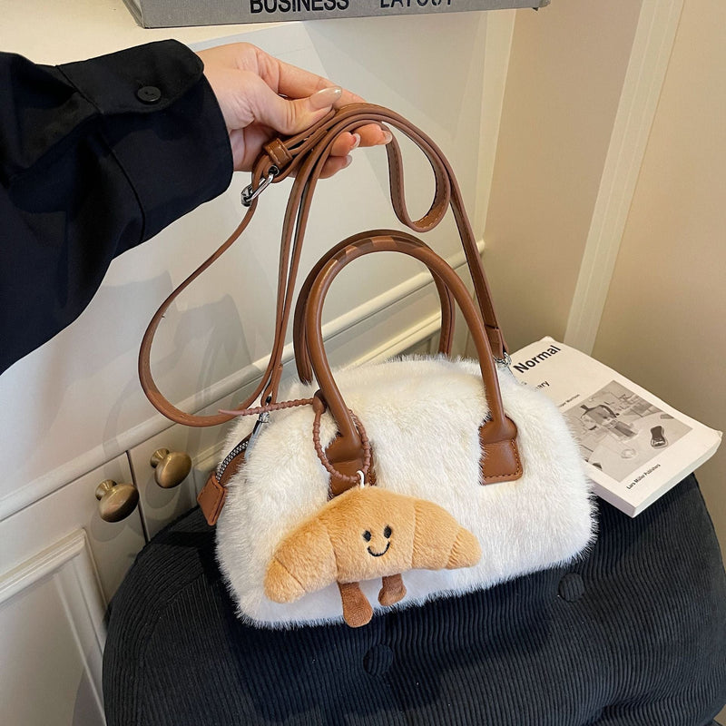 Contrast Color Plush Handbag Women Fashion Shoulder Bag
