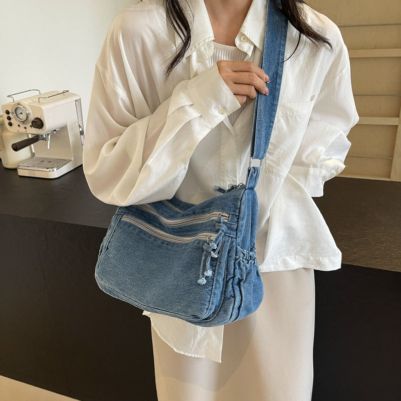 Plaid Denim Shoulder Bag for Women Spring Summer Large-Capacity Messenger Bag