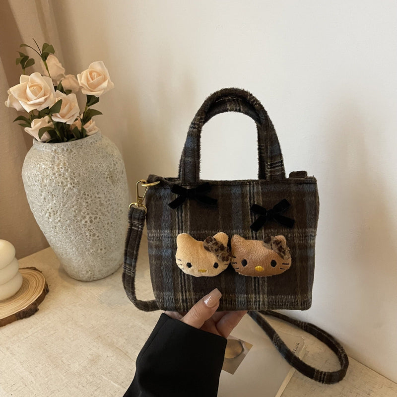 Retro Plaid Cartoon Kitten Bucket Bag