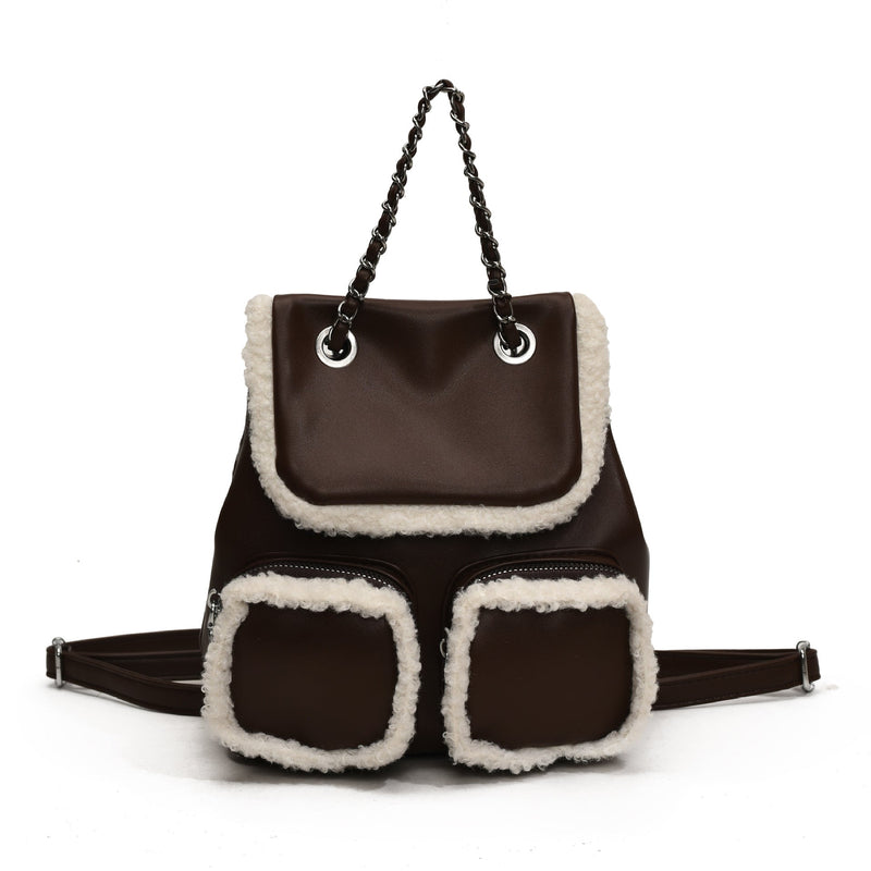 Retro Contrast Color Plush Backpack Fashionable Large Capacity