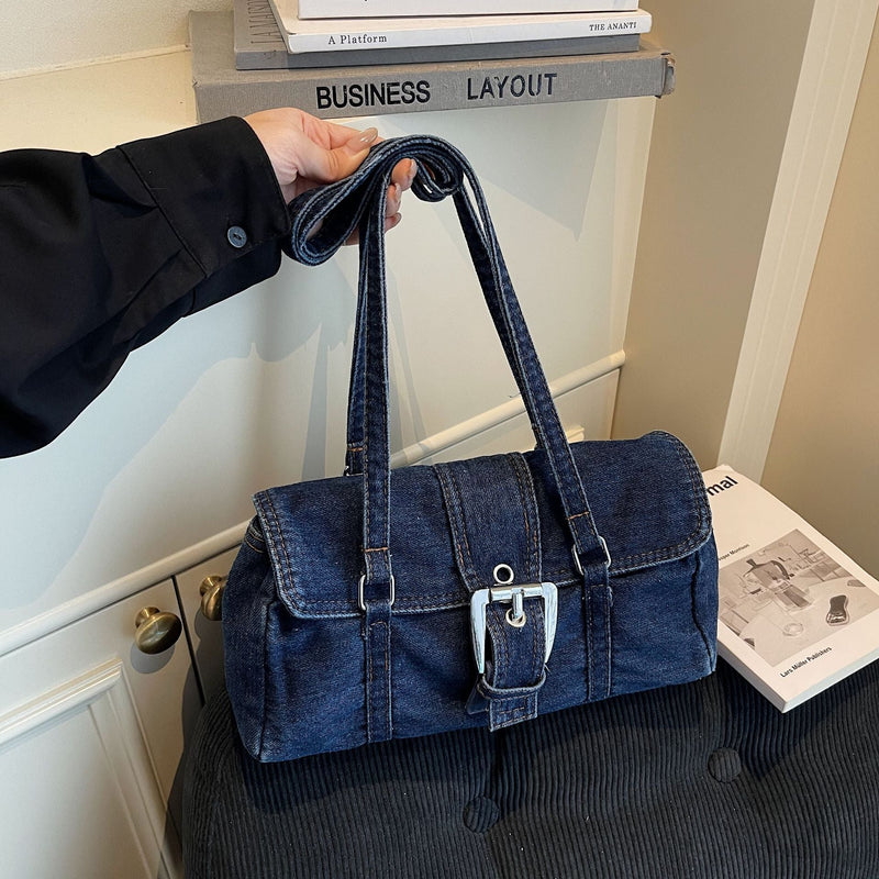 Retro Washed Denim Shoulder Bag - Large Capacity Commuter Bag