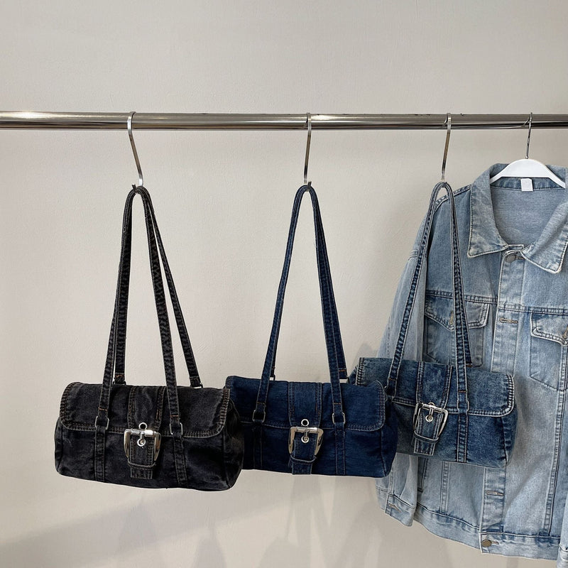 Retro Washed Denim Shoulder Bag - Large Capacity Commuter Bag