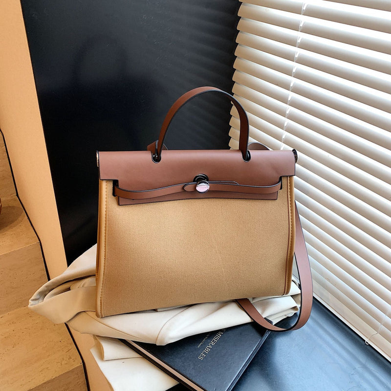 High-End Canvas Splicing Kelly Bag Large-Capacity Shoulder Bag