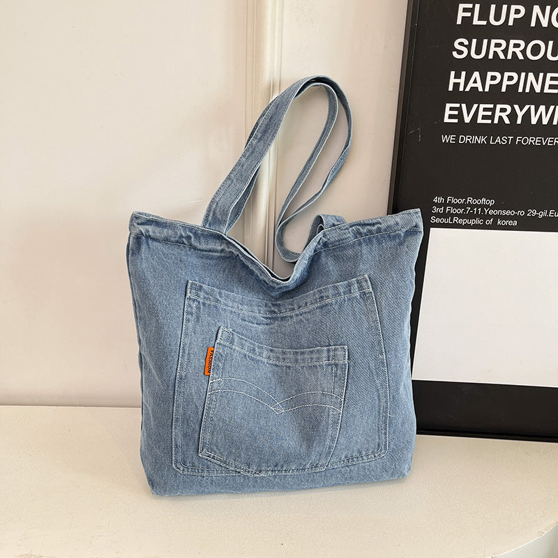 Denim Commuter Shoulder Bag Large Capacity Simple Style