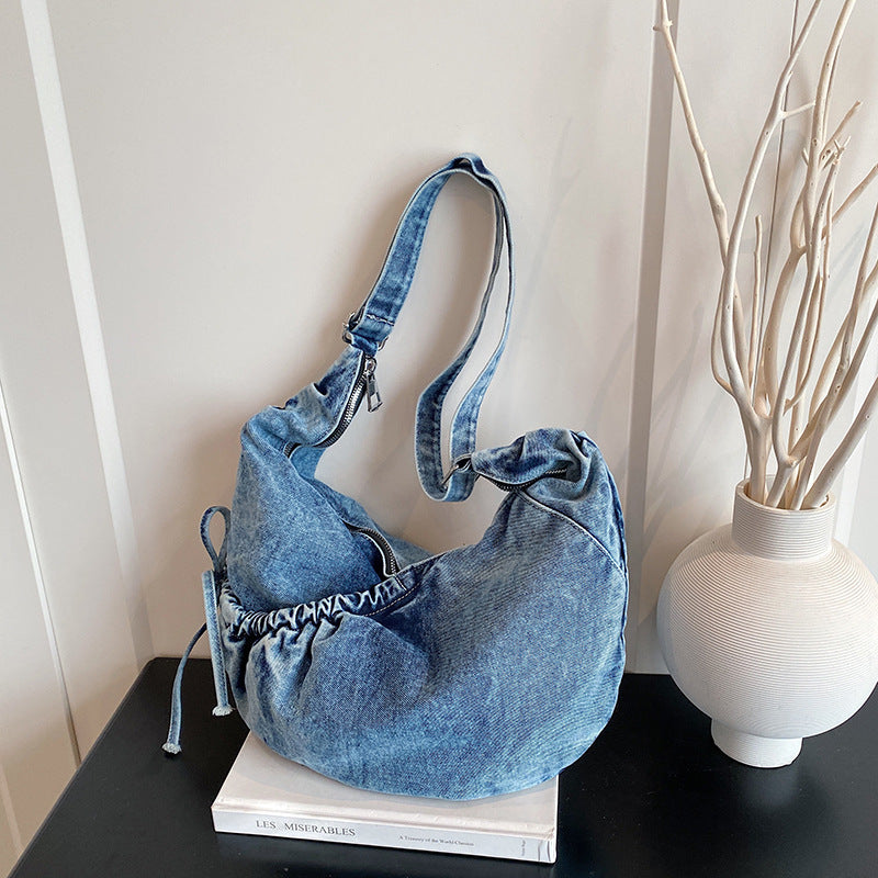 Retro Denim Messenger Bag Large Capacity Commuter Shoulder Bag