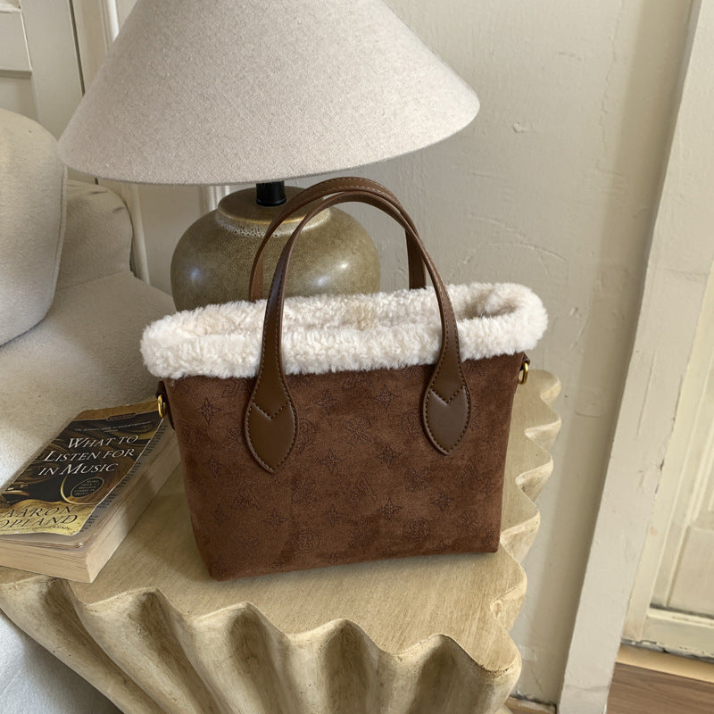 Retro Plush Bucket Bag Large Capacity Women's Light Luxury Handbag