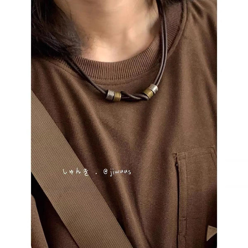 Vintage Knotted Leather Ring Necklace