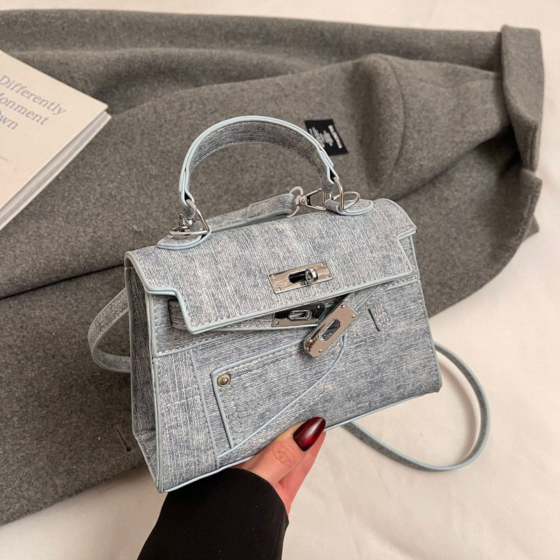 Premium Splicing Kelly Bag Women's Lock Denim Shoulder Bag