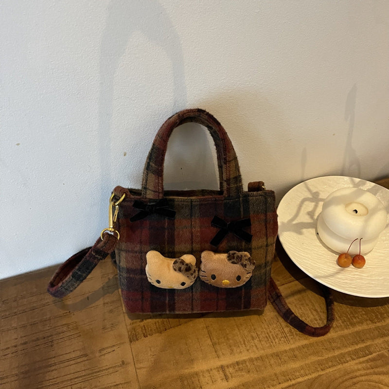 Retro Plaid Cartoon Kitten Bucket Bag