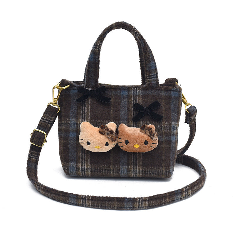 Retro Plaid Cartoon Kitten Bucket Bag