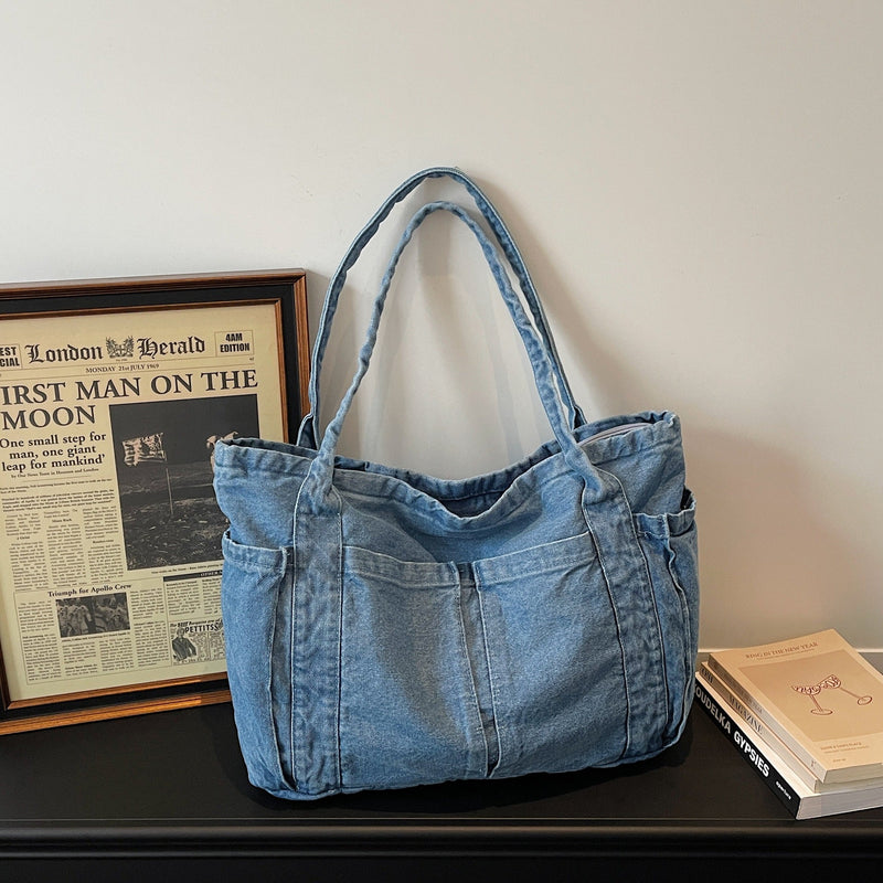 Retro Denim Tote Bag - Large Capacity, Literary Style