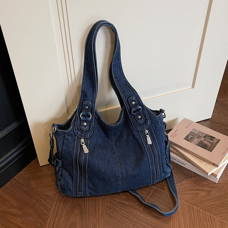 Retro Denim Messenger Bag Large Capacity Commuting Tote