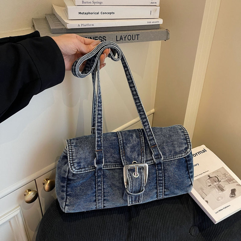 Retro Washed Denim Shoulder Bag - Large Capacity Commuter Bag