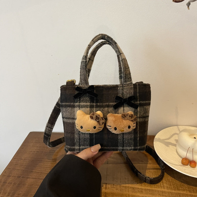 Retro Plaid Cartoon Kitten Bucket Bag