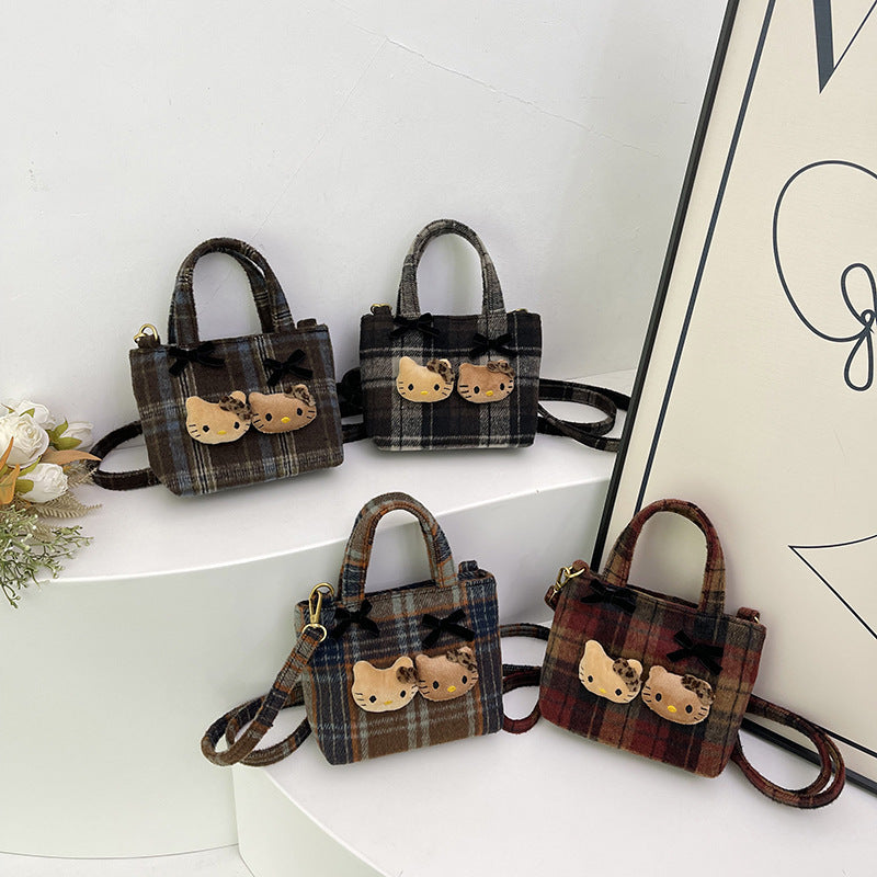Retro Plaid Cartoon Kitten Bucket Bag