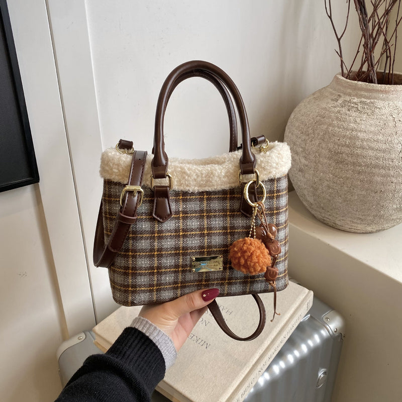 Retro Plaid Plush Mini Bucket Shoulder Bag