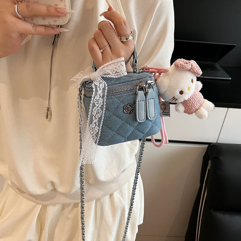 Rhombus Chain Box Bag Denim Shoulder Bag for Women