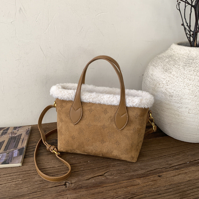 Retro Plush Bucket Bag Large Capacity Women's Light Luxury Handbag