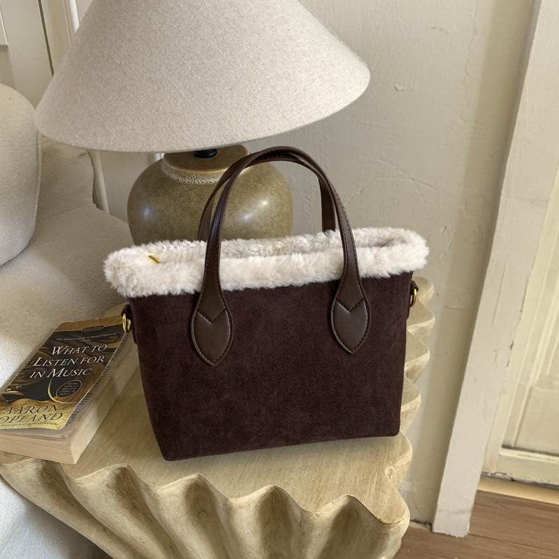 Retro Plush Bucket Bag Large Capacity Women's Light Luxury Handbag