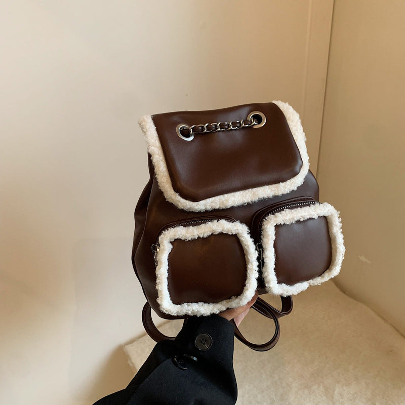 Retro Contrast Color Plush Backpack Fashionable Large Capacity