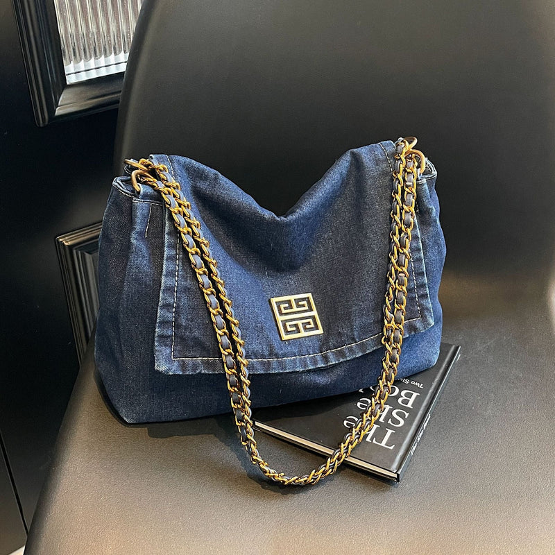 Versatile Denim Shoulder Bag Large Capacity Commuter Handbag