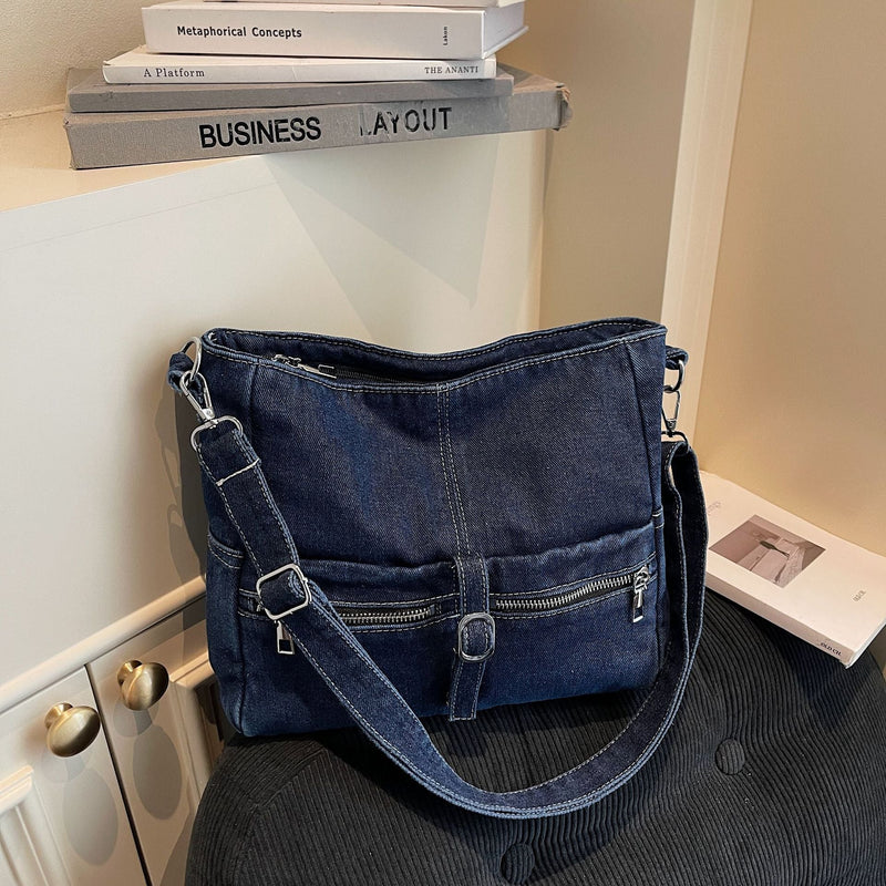 Large Capacity Retro Denim Tote Bag for Commuting