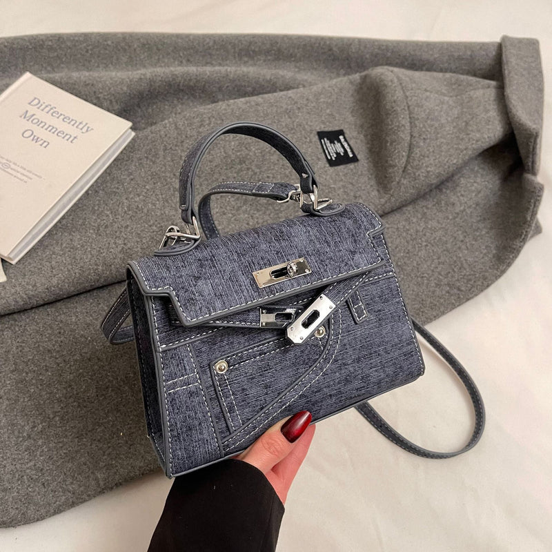 Premium Splicing Kelly Bag Women's Lock Denim Shoulder Bag
