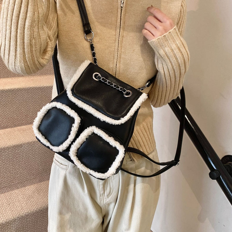 Retro Contrast Color Plush Backpack Fashionable Large Capacity