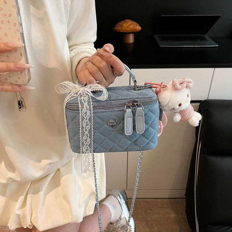 Rhombus Chain Box Bag Denim Shoulder Bag for Women
