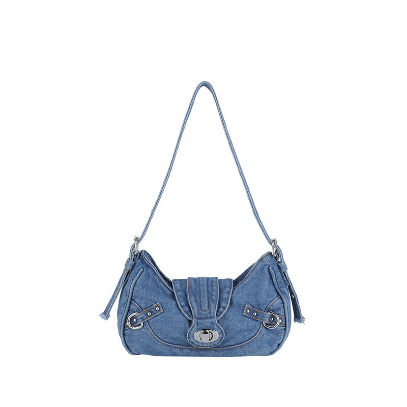 Retro Denim Shoulder Bag Women Lock Personality Splicing Handbag